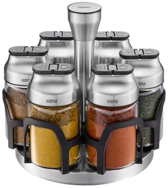 GEFU KIPPO Gewürzkarussell 7‑teilig | Borosilikatglas & Edelstahl | Drehbares Set mit 6 Streuern + Deckel | Aromaschutz für Kräuter & Gewürze