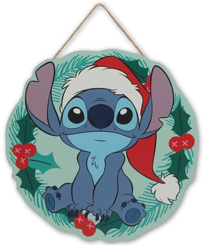 Disney Lilo and Stitch Weihnachtskranz zum Aufhängen, Holzschild – lustiges Stich, Urlaubs-Wanddekoration für Zuhause