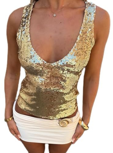 Nicoxijia Canotta da donna con paillettes glitterate senza maniche per feste club crop top sexy concerto discoteca per uscire