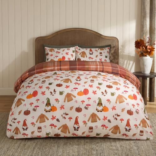 OHS Autumn King Size Duvet Cover Sets, Autumnal Novelty Halloween Bedding Luxurious Tartan Check Quilt Cover Luxury Comfy Bedding Sets King Size with Pillowcases, Cream/Rust
