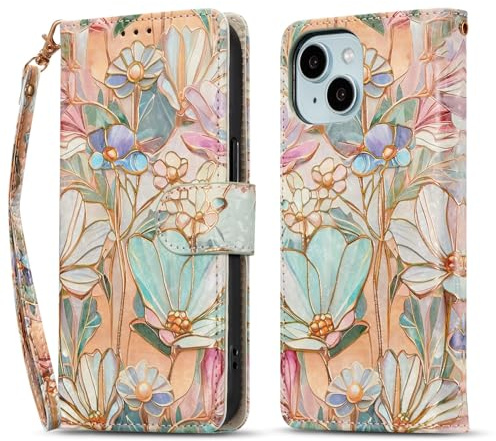 QLTYPRI for iPhone 15 Wallet Case with Card Holder,RFID Blocking | Floral Flip Leather Wallet Phone Case, Kickstand Magnetic Protective Cover, Wrist Strap, Aesthetic Bloom Flower Artwork