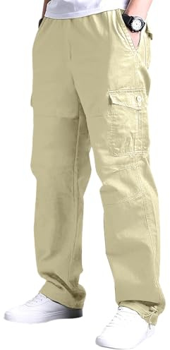 YAOBAOLE Pantalons Homme Cargo Pantalons Cargo Homme Grande Taille Pantalon Baggy Taille Elastique Pantalon Large Beige 3XL