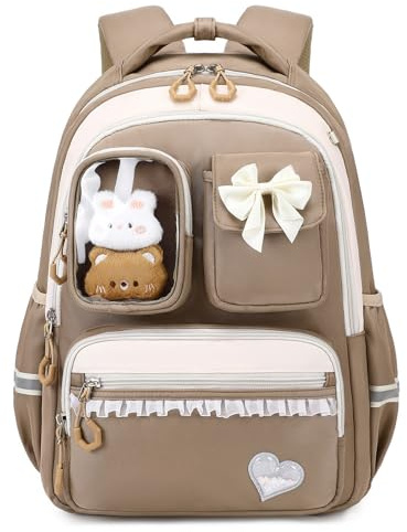 Amythe Schultasche Mädchen Rucksack Kinder 1. - 5. Klasse, Braun | Atmungsaktiv und Bequem Schulrucksack für Mädchen, Mode School Bag for Girls mit Reflektierend, 22 Liter