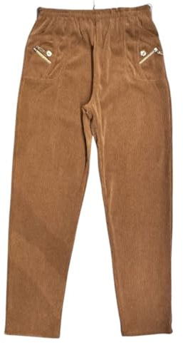 Faozo Womens Corduroy Trousers Full Length, Ladies Elastic Waist Pull-On Ribbed Cord Pants with Pockets, Casual Straight Leg Winter Warm Pants (Brown, 14)