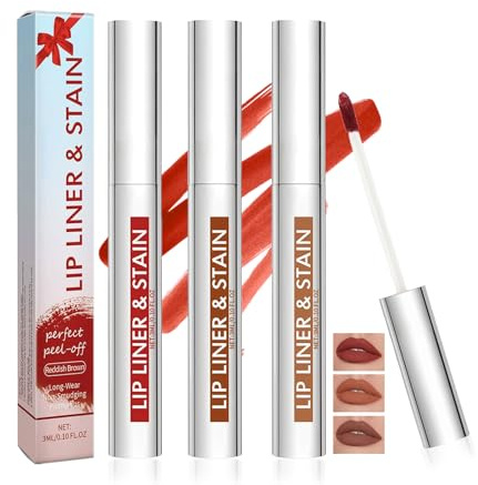 3 Stück Peel Off Lipliner Stain Set,Abziehbare Lip Tint Tattoo mit Hochpigmentierter Farbe,Wasserfest & Langanhaltend,Transferproof & Smudgeproof Lip Make-up,Rotbraun,Kaffee-,Kakaofarben