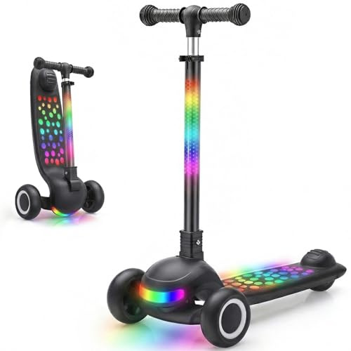 UBRAVOO Roller Kinder 3-10 Jahren, Scooter für Kinder mit Nur Einem klick Zusammenklappbar, mit 4-Fach Höhenverstellbarem Lenker und Hinterradbremse, Beleuchteter Wide-Deck-Scooter&Jungen und Mädchen