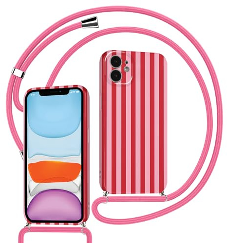 Kueqeay Coque avec Cordon pour iPhone 12 Pro 6,1 avec Aesthetic Motif Striped Dessin Rose Rouge Case, Silicone étui Fille Femme avec Collier Lanyard Corde Housse de Bumper Protection, 01