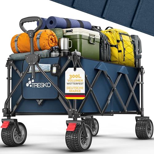 TRESKO® Bollerwagen faltbar 300L mit Bremse | Handwagen klappbar 150kg | Transportwagen inkl. Vollgummireifen | Faltbarer Strandwagen Extra Breite All-Terrain-Räder | Campingwagen mit Tragetasche
