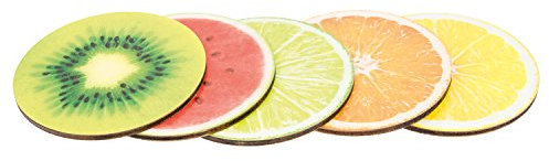 Getränke-Untersetzer Früchte Set, aus Holz, je 5X je 1 Frucht (Zitrone, Orange, Limette, Kiwi und Melone) - passend für Jede Größe von Trink-Gläser, Tischplatten-Schutz für jeden Tisch Typ