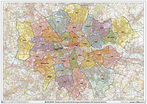 Greater London Authority Boroughs with Postcode Districts Wall Map - 47 x 33.25 Laminated