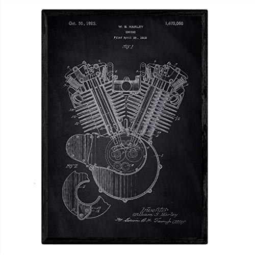 Nacnic Poster Patent Verbrennungsmotor Harley Davidson. Blatt mit altem Design-Patent A3-Format mit schwarzem Hintergrund