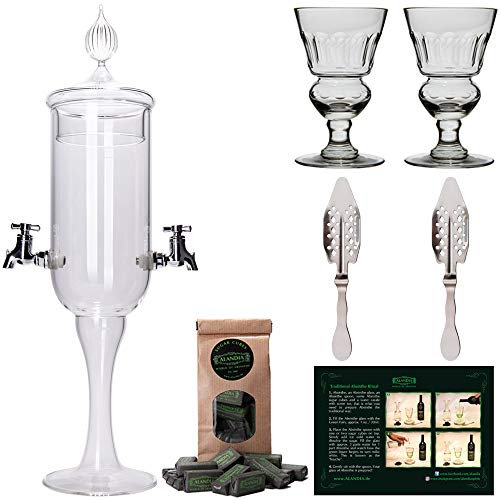 Absinth Zubehör Set Petite von ALANDIA | 1x Absinth Fontäne | 2X Gläser mit Reservoir | 2X Löffel aus Edelstahl | 1x Zucker