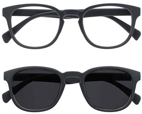 OPULIZE POP Lesebrille für Damen und Herren mit Lesesonnenbrille - 2er Pack - Lustige Runde Brille Matt - Getönte Gläser mit UV400 - Federscharniere - Grau Grau Sonnenbrille +3.50