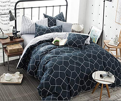 AShanlan Bettwäsche Set 135x200 4teilig Blau Weiß Bettbezüge Modern Geometrisches Sechseck Muster Gestreift Wendebettwäsche 100% Mikrofaser mit Reißverschluss Kissenbezug 80x80 Marineblau