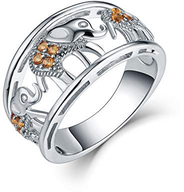 JO WISDOM Damen Ring Breit Silber 925,Ringe Elefanten Lucky Amulett Tierring mit 3A Zirkonia November Geburtsstein Citrin Farbe Swarovski Verlobungsring,Schmuck für Frauen