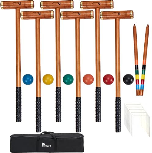 Pointyard Set per croquet a sei giocatori da 88,9 cm, deluxe [stile retrò Annatto] con mazzuole in legno, palla colorata, wicket, paletti, per adulti, adolescenti, famiglia, perfetto per prato/giochi