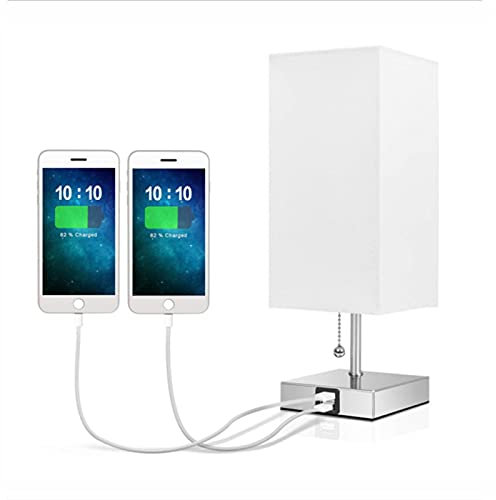 VOMI Lamparas de Mesita con 2 Puertos de Carga USB y Interruptor de Cremallera Cabecera Luces Diseño Cuadrado Pantalla de Tela Blanca E27 Luces de Escritorio con Cable y Enchufe para Dormitorio Salón