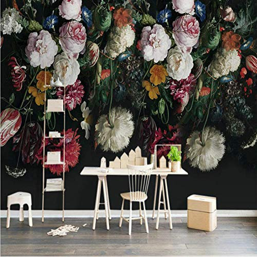 SHINERING Européen Rétro Floral Peinture Photo Papiers Peints 3D Salon Chambre Fond Noir Fleur Murale Papiers Peints Décor À La Maison 300cm (L) × 210cm (H)