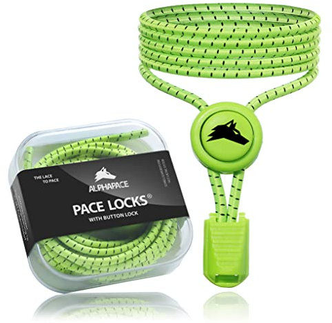 ALPHAPACE Pace Locks mit Button Lock Elastische Schnürsenkel, Schuhbänder ohne Schnüren, Slip-on Schnellverschluss für Sport, Jugend & ältere Menschen, 120 cm, 1-Paar in Neon-Gelb schwarze Streifen