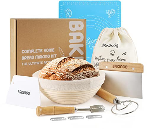 Bread Basket Kit for Sourdough Starter Proofing by Bakingo, With 10 Inch Natural Rattan Bread Basket, Bread Lame, Bread Bag, Dough Scraper, Measuring Mat, and Danish Whisk for Banneton Proofing