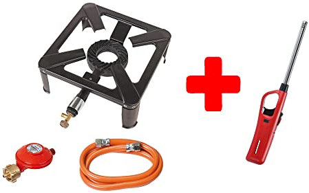 ROTHENBERGER Industrial Hockerkocher inkl. 1,5 m Propan-Gas-Schlauch & Propan-Konstantregler für Camping, Outdoor, nur für die Verwendung im Freien inklusive Gasanzünder zur Zündung