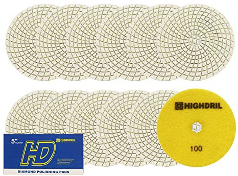 HIGHDRIL Almohadillas Pulido Diamante Húmedas - 12piezas #100 Almohadillas Lijado 125mm para Granito Piedra Mármol Suelo Grinder Pulir Almohadilla Kit para Taladro, Amoladora, Pulidora