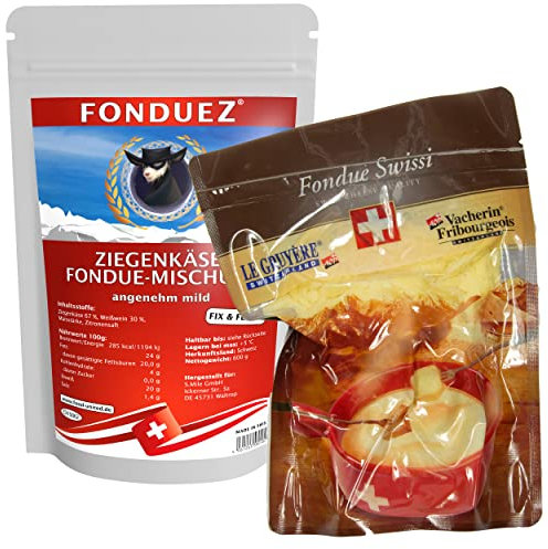 Food-United FONDUE-KÄSE Set Kombi 4x 500g MARGOT FROMAGES Fondue Swissi und 4x 600g FOOD-UNITED FondueZ Ziegenfondue aus Le Gruyère Vacherin Fribourgeois Käse und Ziegenkäse für Caquelon (4)