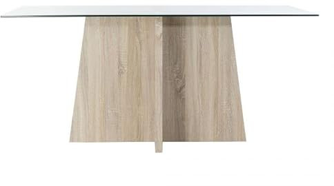 CHELM HOME Mesa Comedor de Cristal Templado 160X90X75, Salón o Cocina, Patas de Madera Maciza, para 6 Personas, Color Beige