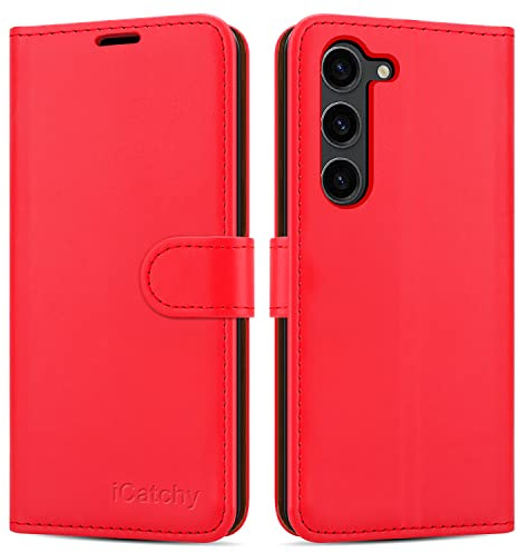 iCatchy for Samsung Galaxy S23 Case Leather Wallet Book Flip Folio Stand View Phone Cover with Card Slots Compatible with Samsung S23 5G 6.1-Inch (Red)