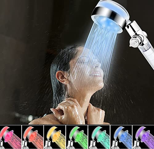JINYOMFLY LED Duschkopf mit Farbwechsel, LED Handbrause 7 Farben Licht Automatische, Duschkopf mit Licht, Wassersparender Druckerhöhend Regendusche LED, mit Filter, 360 ° Drehbar