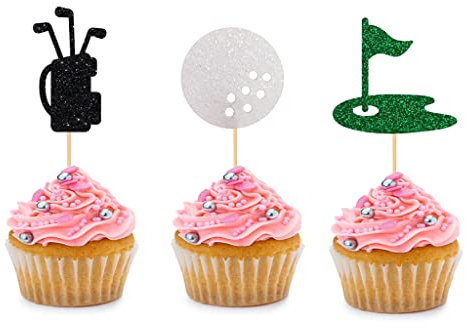BoningNEW 24 Stück Glitzer Golf Cupcake Topper Golf Tasche Ball Rasen Kuchen Picks für Geburtstag Party Hochzeit Babyparty Outdoor Sport Thema Party Dekorationen Zubehör