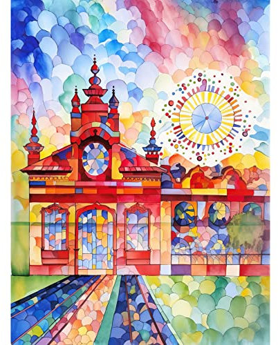 Artery8 Gaudi Inspired Rural Train Station Folk Art Large Wall Art Poster Print Thick Paper 18X24 Inch