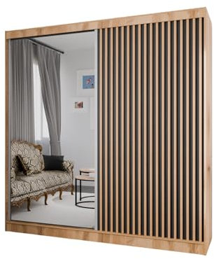 Margaret Hadas24 Kleiderschrank Lili mit Lamellen und Spiegel, Organizer, Mehrzweckschrank, Schwebetürenschrank, Garderobenschrank, Kleiderstange, Kleiderständer, Schrank, 200 cm, braun, schwarz,