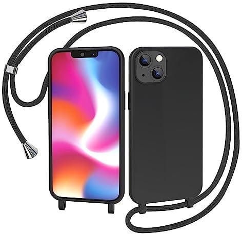 AOMYKE Handyhülle für iPhone 13 / iPhone 14 Hülle mit Band, Handyband iPhone 13 / iPhone 14 Hülle zum Umhängen Schutzhülle mit Kette Kordel Weich TPU Liquid Silikon Case, Schwarz