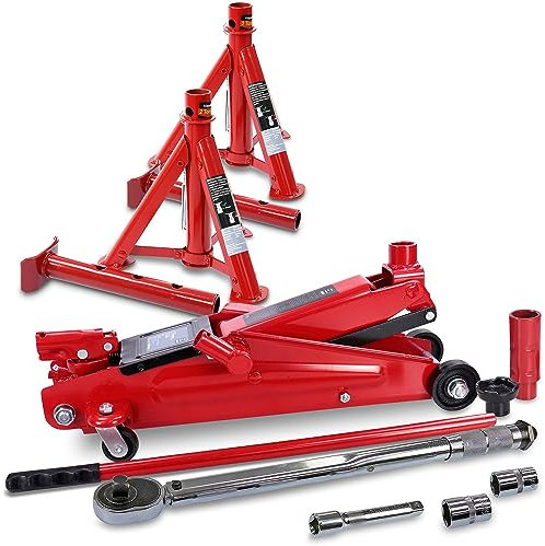 ENVA Hydraulischer Wagenheber + Drehmomentschlüssel + Unterstellbock Set für sicheres Anheben, präzises Verschrauben und stabile Unterstützung Komplettes Reifenwechsel Set