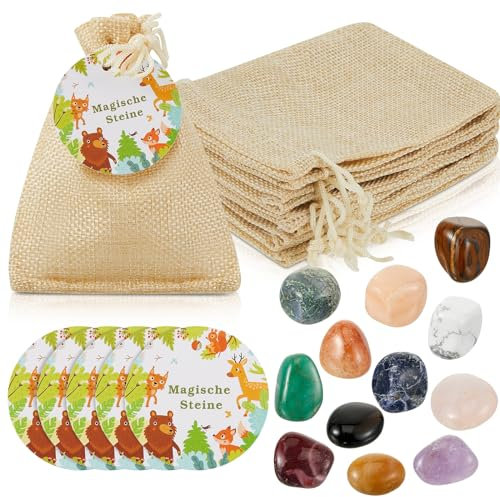 Otuuz 12 Stück Glückssteine für Kinder mit Jutesäckchen Bunte Glücksbringer Steine Magische Steine Party Mitgebsel für Kindergeburtstag Silvester Waldtiere Geburtstag Geschenke Kinder Kleinigkeiten