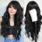 HAIRCUBE Lange Locken/Welle mit Pony Perücken für Frauen Natur Hitzebeständige Kunstfaser Perücken mit Pony Täglich Cosplay(schwarz)
