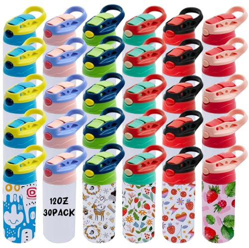 Lilsofee Paquete de 30 vasos de sublimación de 12 onzas en blanco, doble pared aislada al vacío, termo de colores mixtos, acero inoxidable, botellas de agua a granel para la escuela