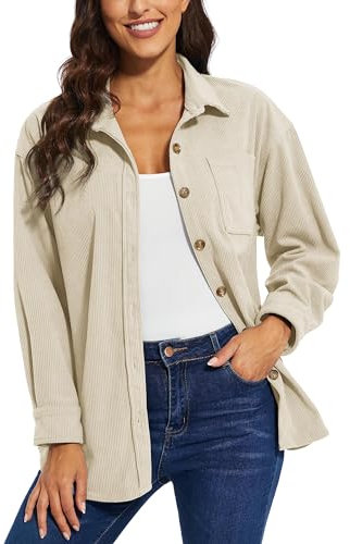 TACVASEN Women's Boyfriend Shirts Corduroy Shirt Winter Long Sleeve Casual Jacket Stylish Button Up Shacket with Pocket Beige,L