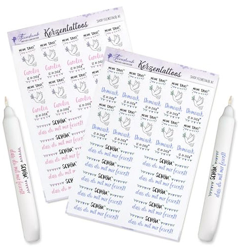 FEENSTAUB Kerzen Tattoos für die Taufe, personalisierte Gastgeschenk selber machen, Tischdeko, Aufkleber für Kerzen, Taufsymbol, DIY Taufkerze, Give-Aways gestalten, Wimpel Taube