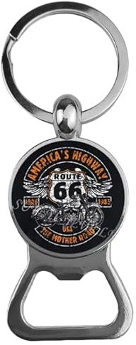 Porte-clés décapsuleur compatible avec Route 66 Color Silver et Logo Noir Gadget USA Accessoires Moto Bikers Idée Cadeau Homme Femme, argent, Taille Unique
