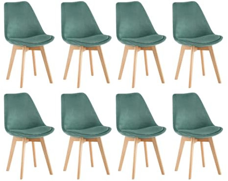 EGGREE 8er Set Samt Esszimmerstühle mit Massivholz Buche Bein SGS Geprüfter, Retro Design Gepolsterter lStuhl Küchenstuhl Holz, Grasgrün