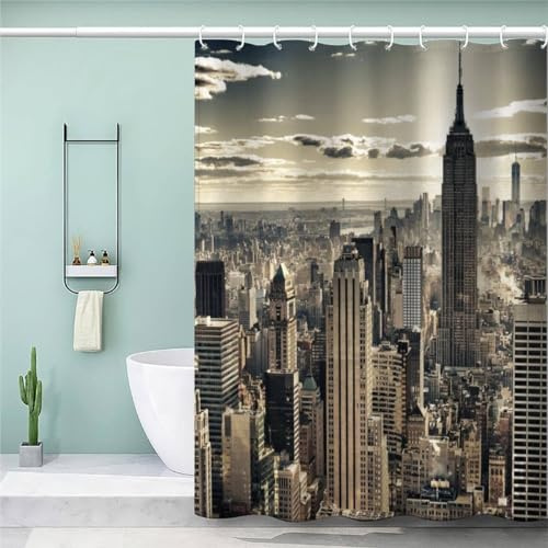 MEVASA Duschvorhang 180x200 New York Duschvorhang mit 12 Ring 3D Motiv Wasserdicht Duschvorhang Textil Stadtbau Badezimmer Vorhänge Hohe Qualität