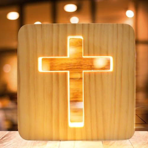 WIYETY Jesus Kreuz Nachtlicht: 3D Jesus Kreuz Religiöses Mini Nachtlicht, Kleine Tischlampe für Zimmer, Holzschnitzerei LED Nachtleuchte, USB-betriebener Warmweiß Licht, Beleuchtetes Geschenk