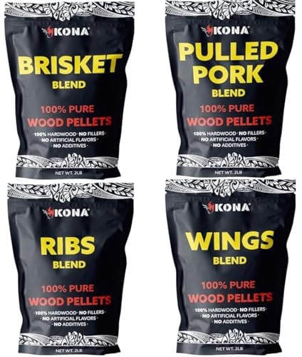 Kona Wood Pellets Brisket, Ribs, Wings,and Pulled Pork Blend Variety Pack, Intended for Ninja Woodfire Outdoor Grill, Wood Fire Oven, 4, 2lb Resealable Bags