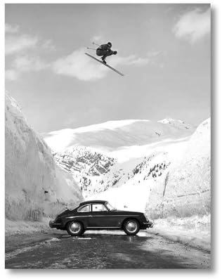 Leinwanddruck Vintage-Ski-Fotodruck, Road Gap, Skifahrer Springt, Mädchen, Auto, Leinwandgemälde, Wintersport, Skifahren, Wandkunst, Poster, Zimmer, Heimdekoration, Geschenk, 21 X 30 Cm, Ohne Rah