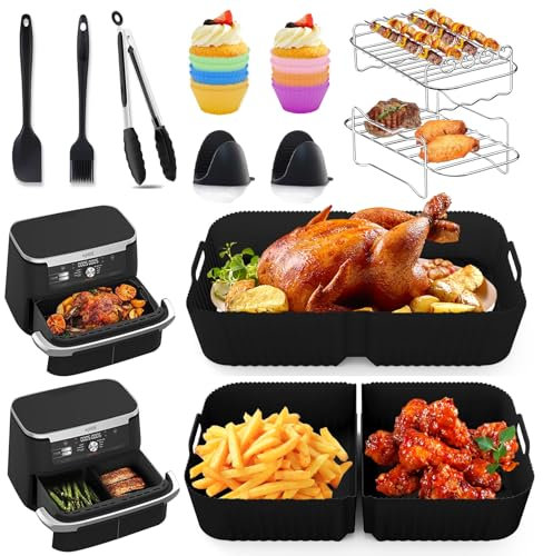 Air Fryer Accessories - Silicone Air Fryer Liner for Ninja AF500UK / AF500UKCP 10,4L Ninja Air Fryer Accessories, 1x10,4L & 2x5,2L Silicone Liners Insert with Dual Ninja Airfryer Accessories