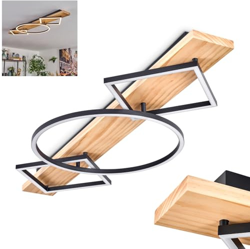HOFSTEIN LED Deckenleuchte Pompu, Deckenlampe aus Metall/Holz/Kunststoff in Schwarz/Natur/Weiß, 3000 Kelvin, moderne Leuchte mit Holzbalken für Schlafzimmer, Esszimmer, Wohnzimmer, Küche, Flur