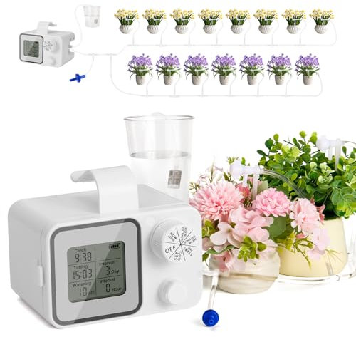 Sistema de riego de WADEO, Riego automático de interior, Sistema de autorriego para 15 plantas en maceta, Kit de riego automático por goteo con temporizador de riego programable, Manguera de 10m