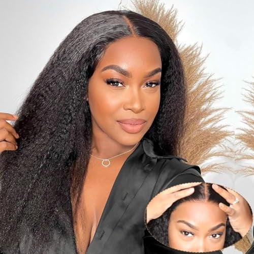 Wear and Go Glueless Wigs Human Hair Pre Plucked Pre Cut Yaki 4x4 HD Lace Closure Wigs Human Hair No Glue Straight Human Hair Wig for Beginners Natural Black 150% Density 16 Inch